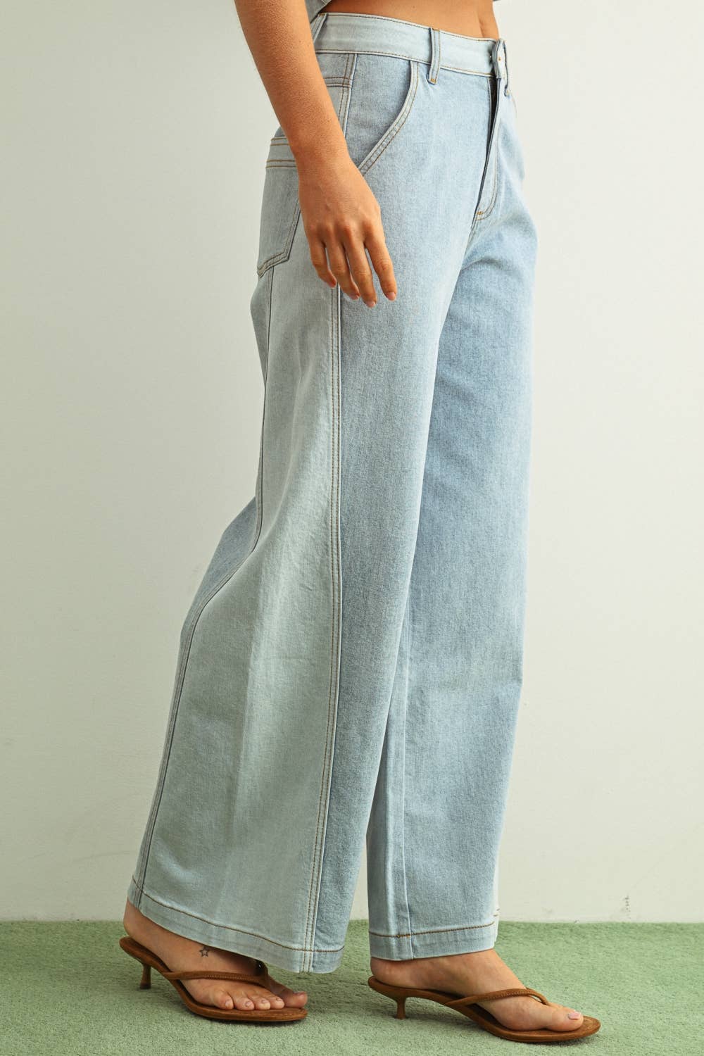 MIOU MUSE - P5885ST   DENIM COLOR BLOCKED WIDE STRAIGHT LEG PANTS