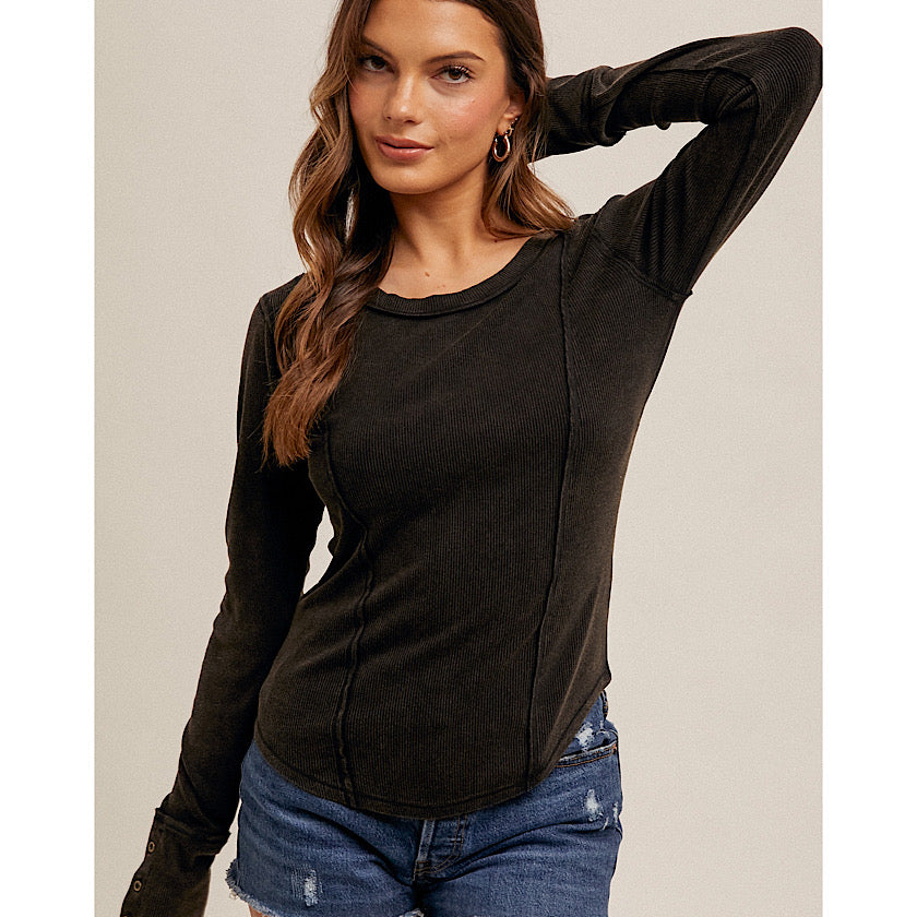 Black Ribbed Henley