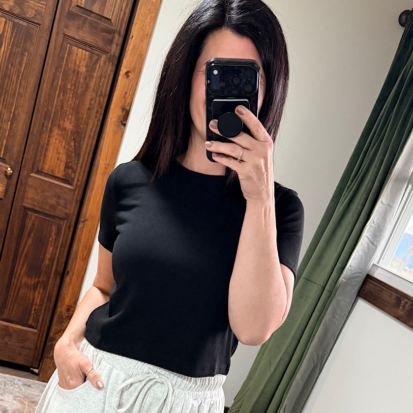 Black Ribbed Crop Knit Tee