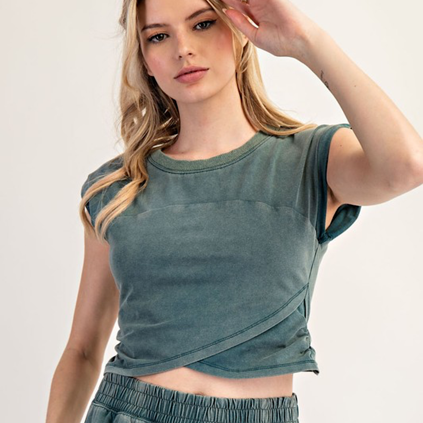 Teal Mineral Washed Wrap Top