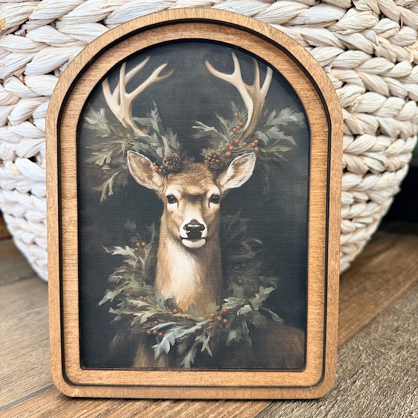 Arch Top Wreath Deer Framed Art