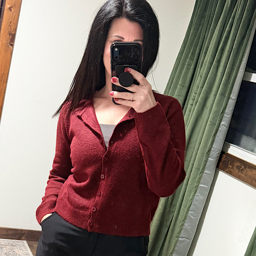 Burgundy Button Down Sleeve Cardigan