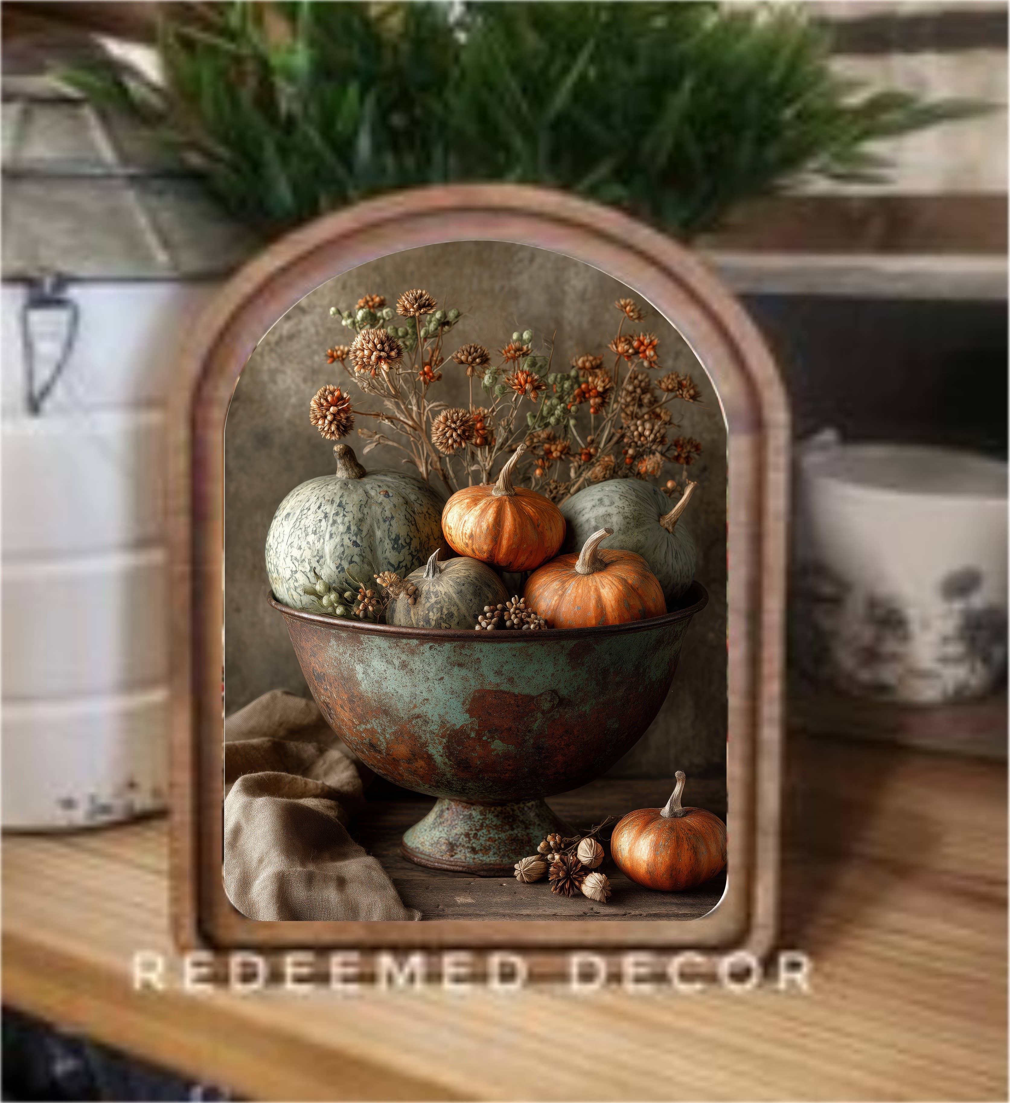 Arch Top Pumpkins In Bowl Framed Art