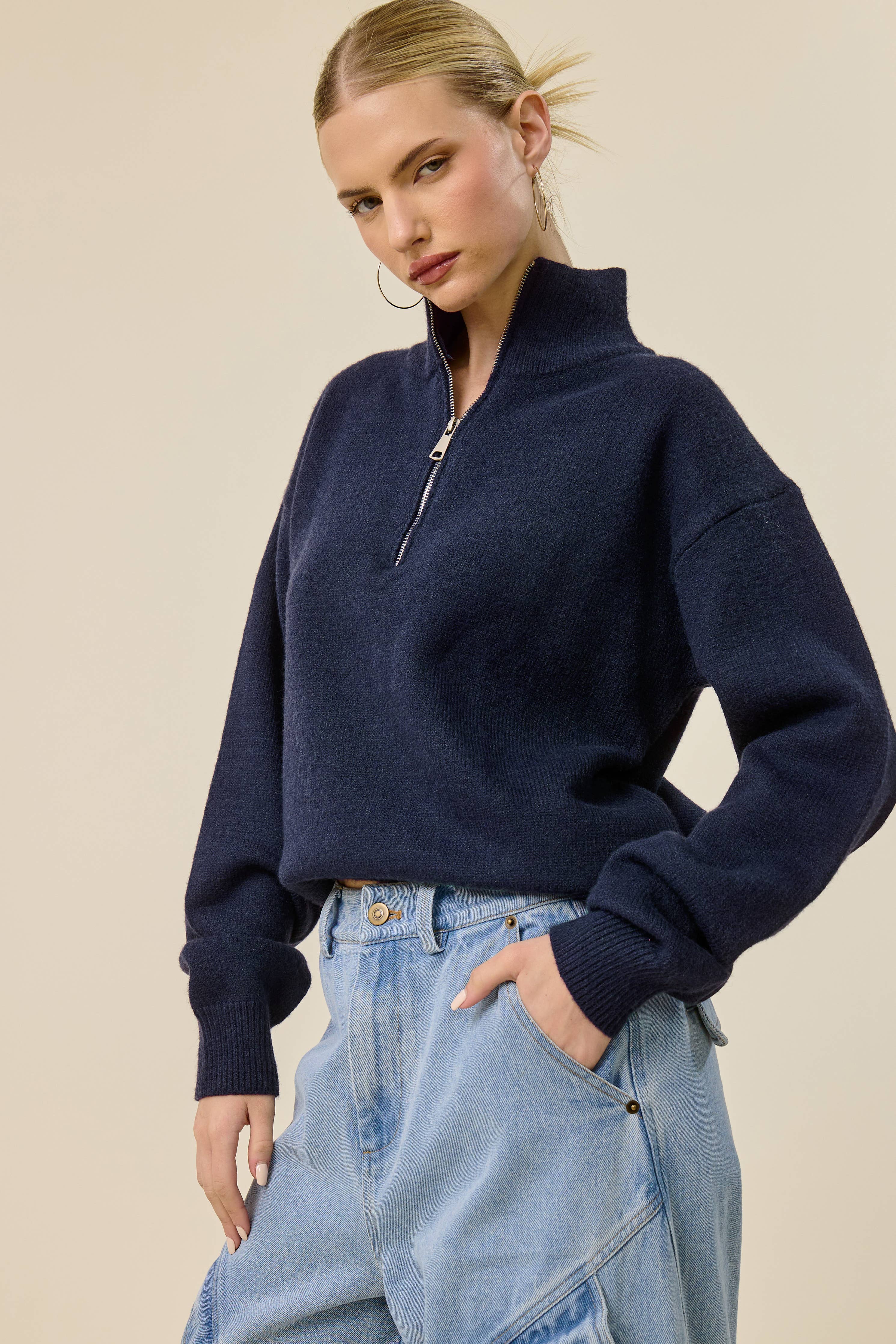 Mimosa - Half Zip Mock Neck Knit Sweater