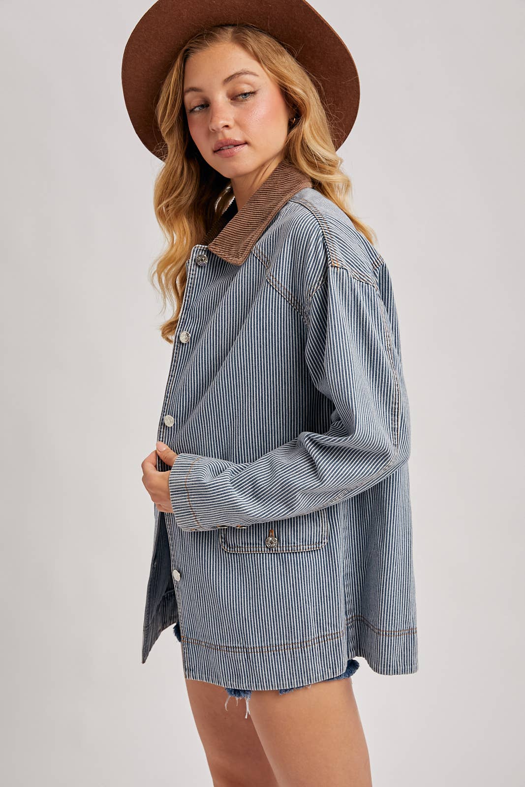 Bluivy - DENIM CORDUROY COLLAR CONTRAST BARN COAT