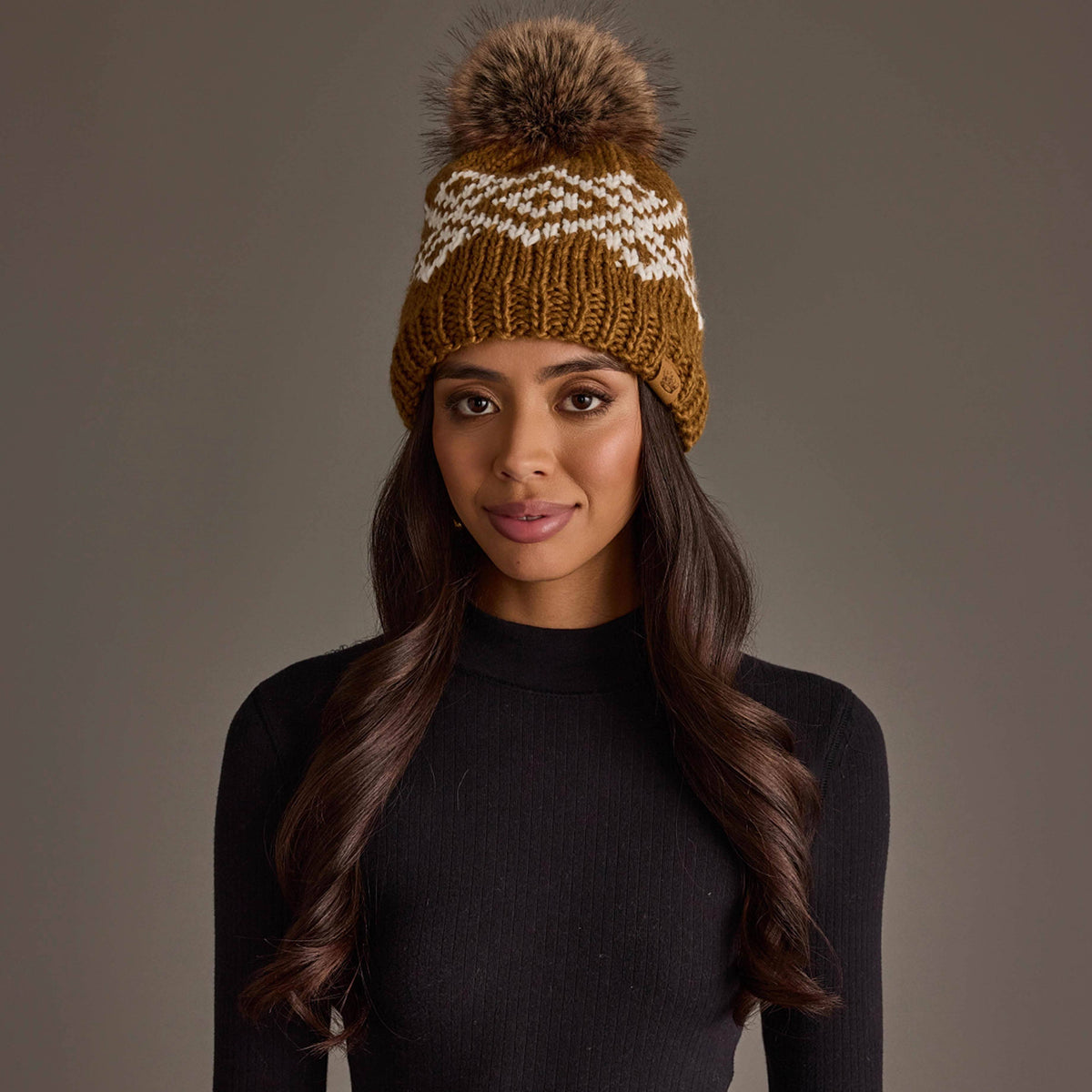 Camel & White Patterned Pom Hat