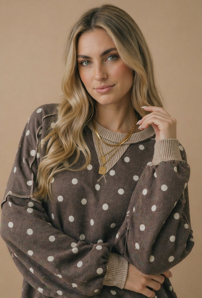 Haptics - Plus Crew Neck Polka Dot Reverse Stitch Pullover