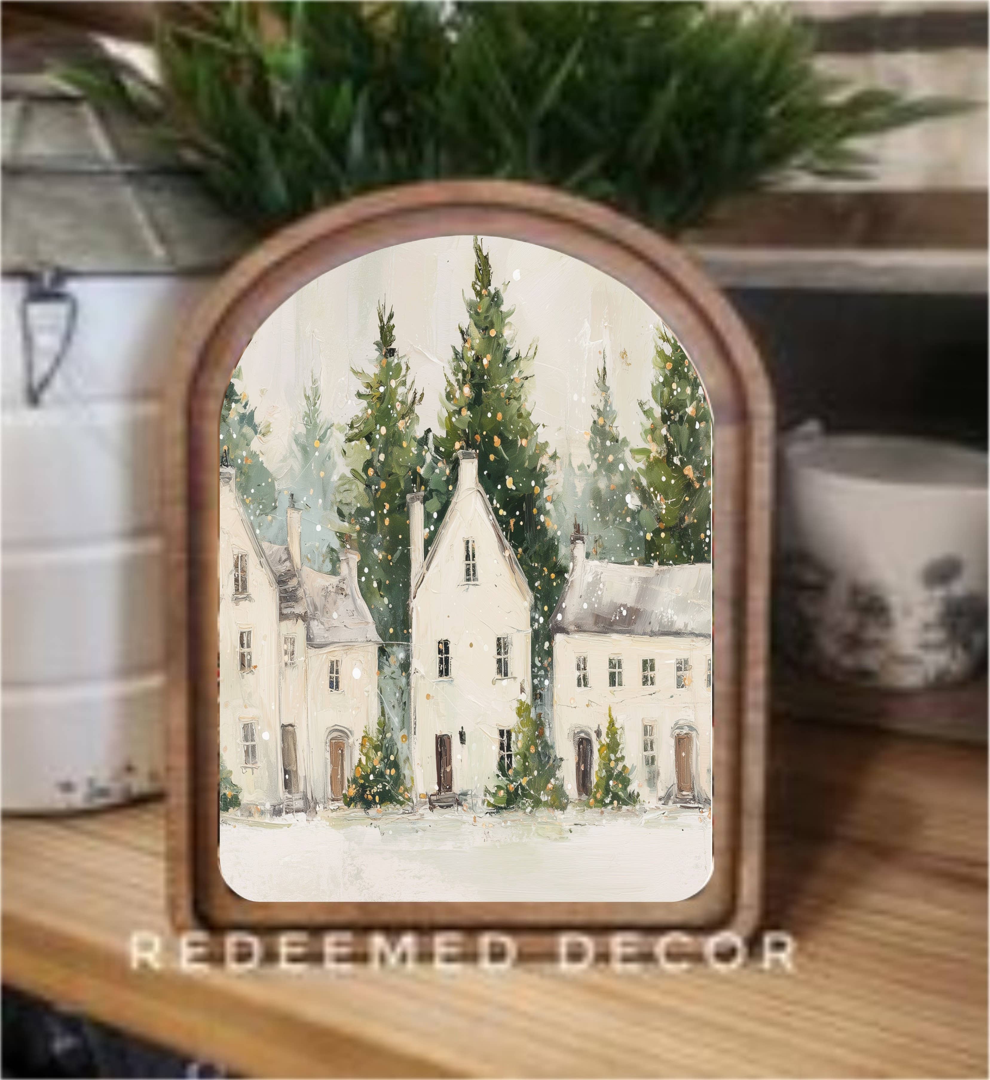 Arch Top White Christmas Houses Framed Art