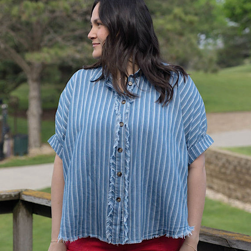 Mineral Washed Striped Button Down Top