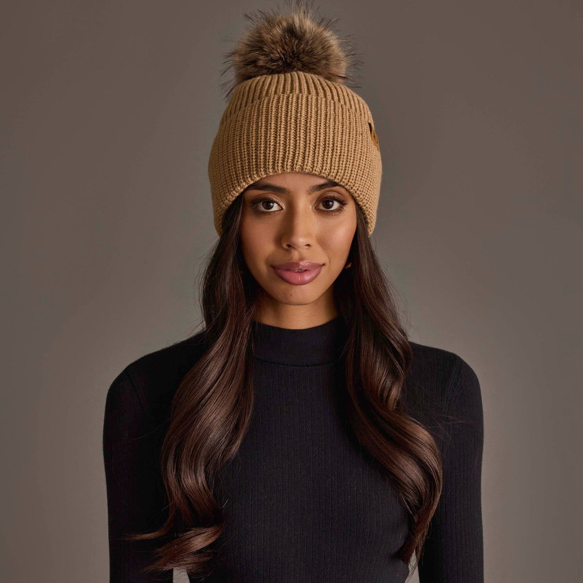 Tan Knit Pom Hat