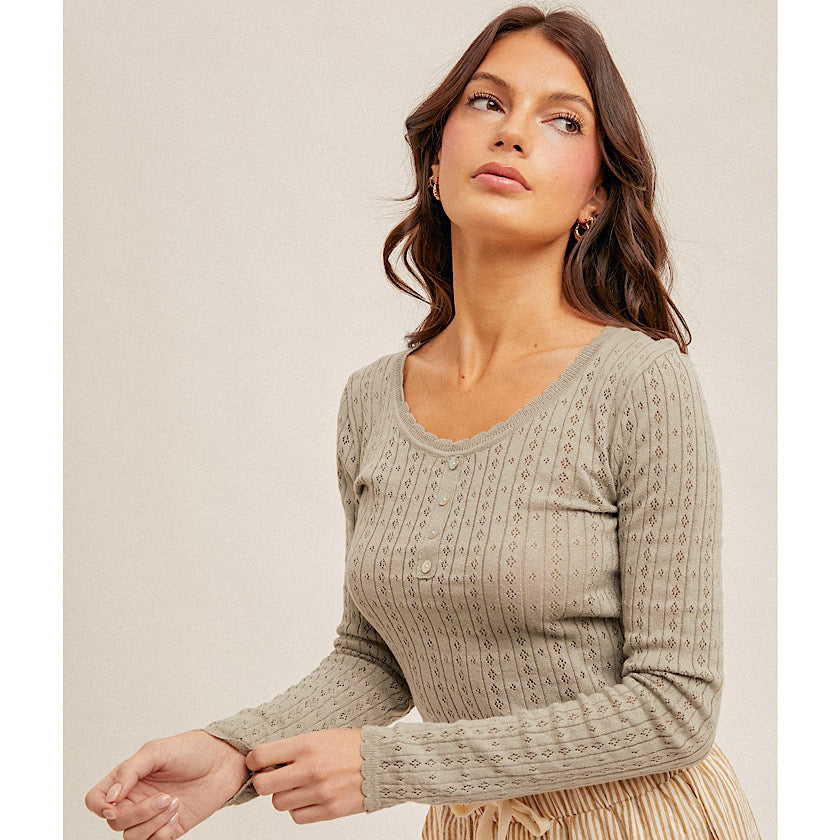 Dusty Olive Pointelle Henley Top