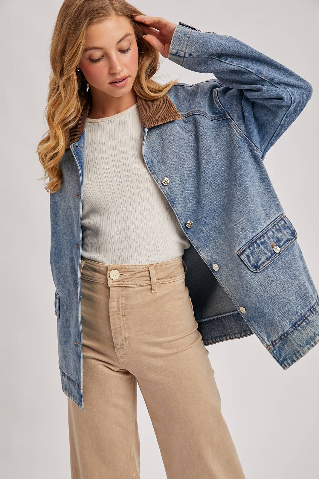 Bluivy - DENIM CORDUROY COLLAR CONTRAST BARN COAT