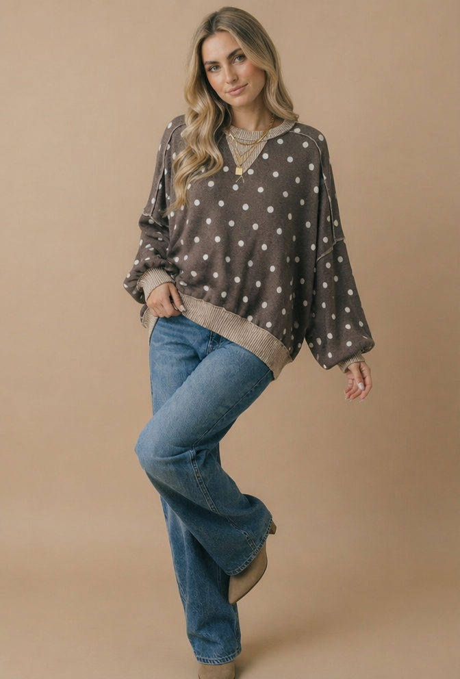Haptics - Plus Crew Neck Polka Dot Reverse Stitch Pullover