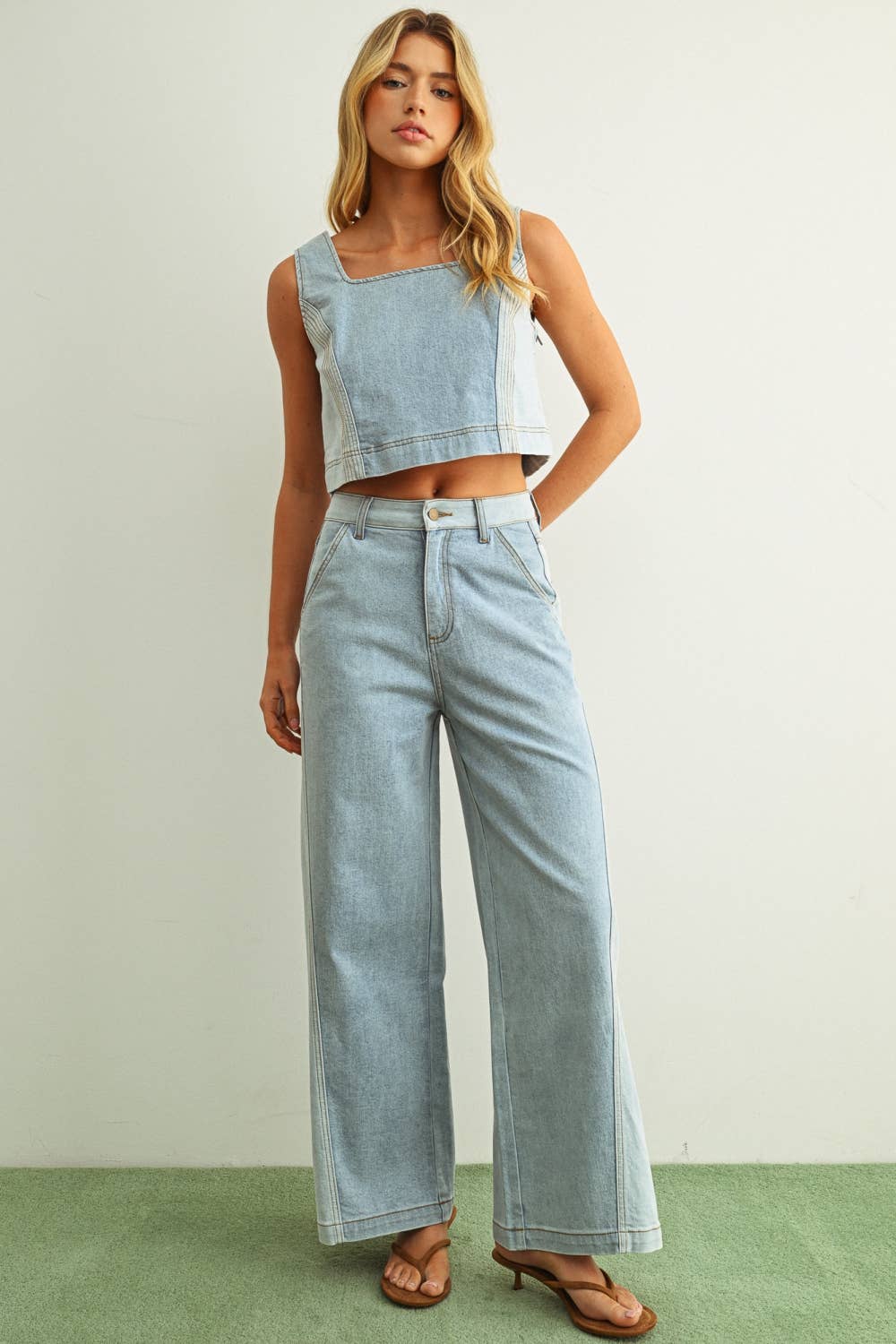 MIOU MUSE - P5885ST   DENIM COLOR BLOCKED WIDE STRAIGHT LEG PANTS