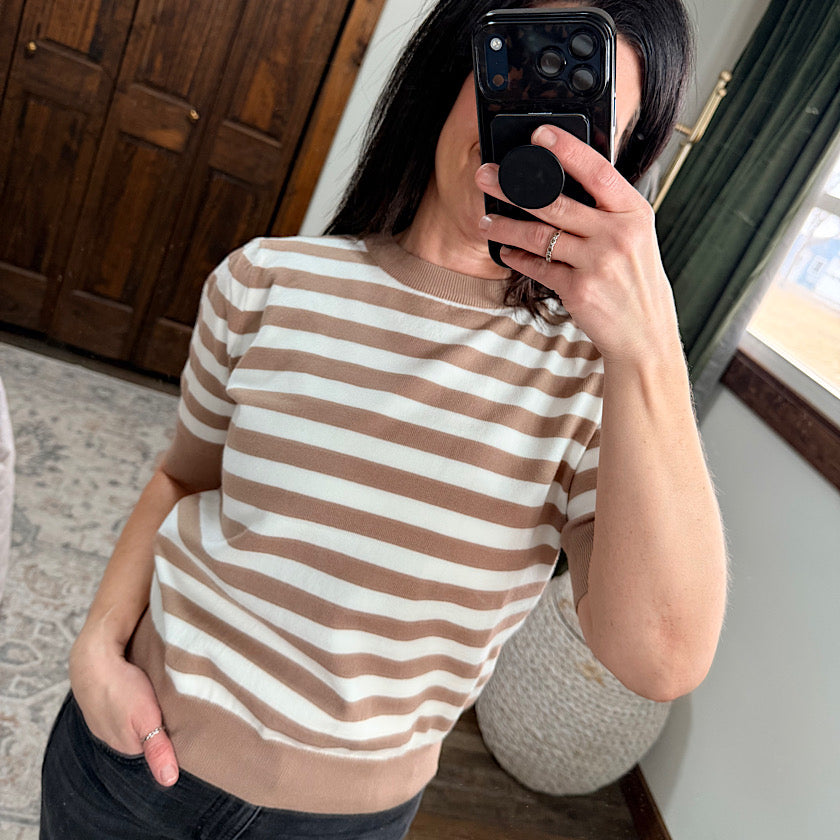 Taupe Stripe Puff Sleeve Knit Sweater Top
