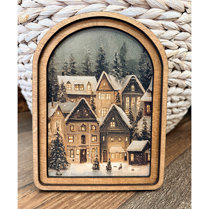 Arch Top Snowy Christmas Village Framed Art