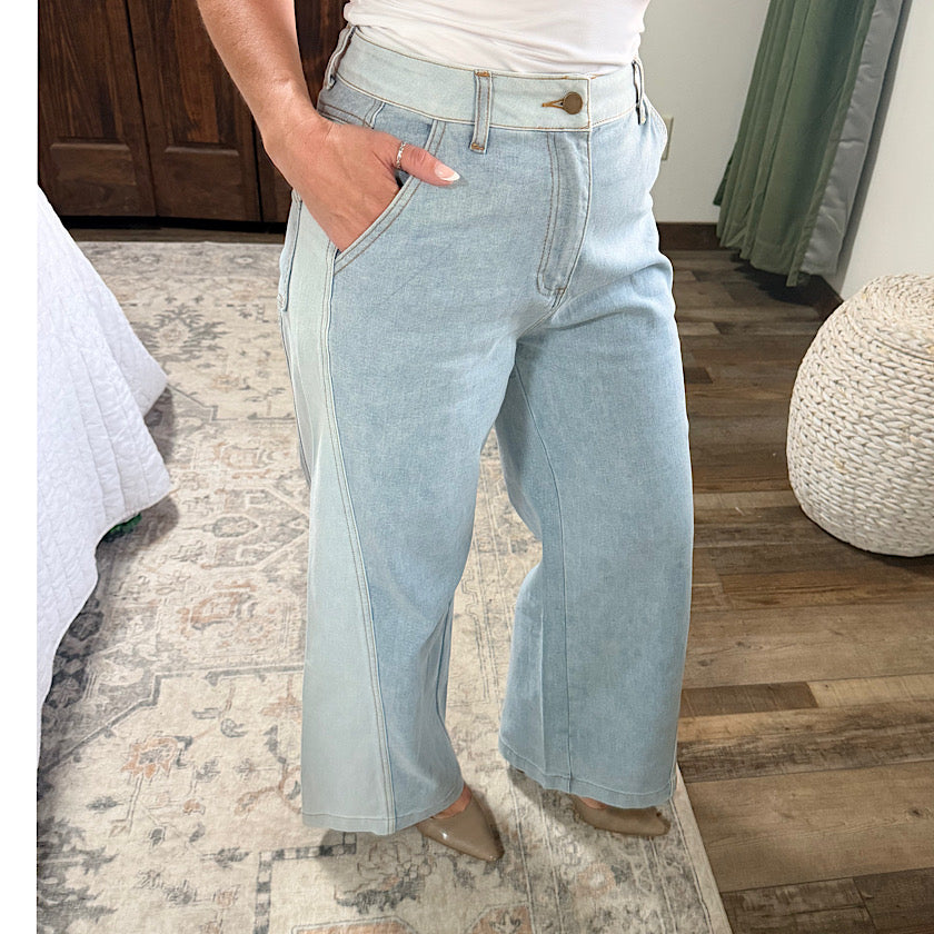 Denim Color Block Wide Straight Leg