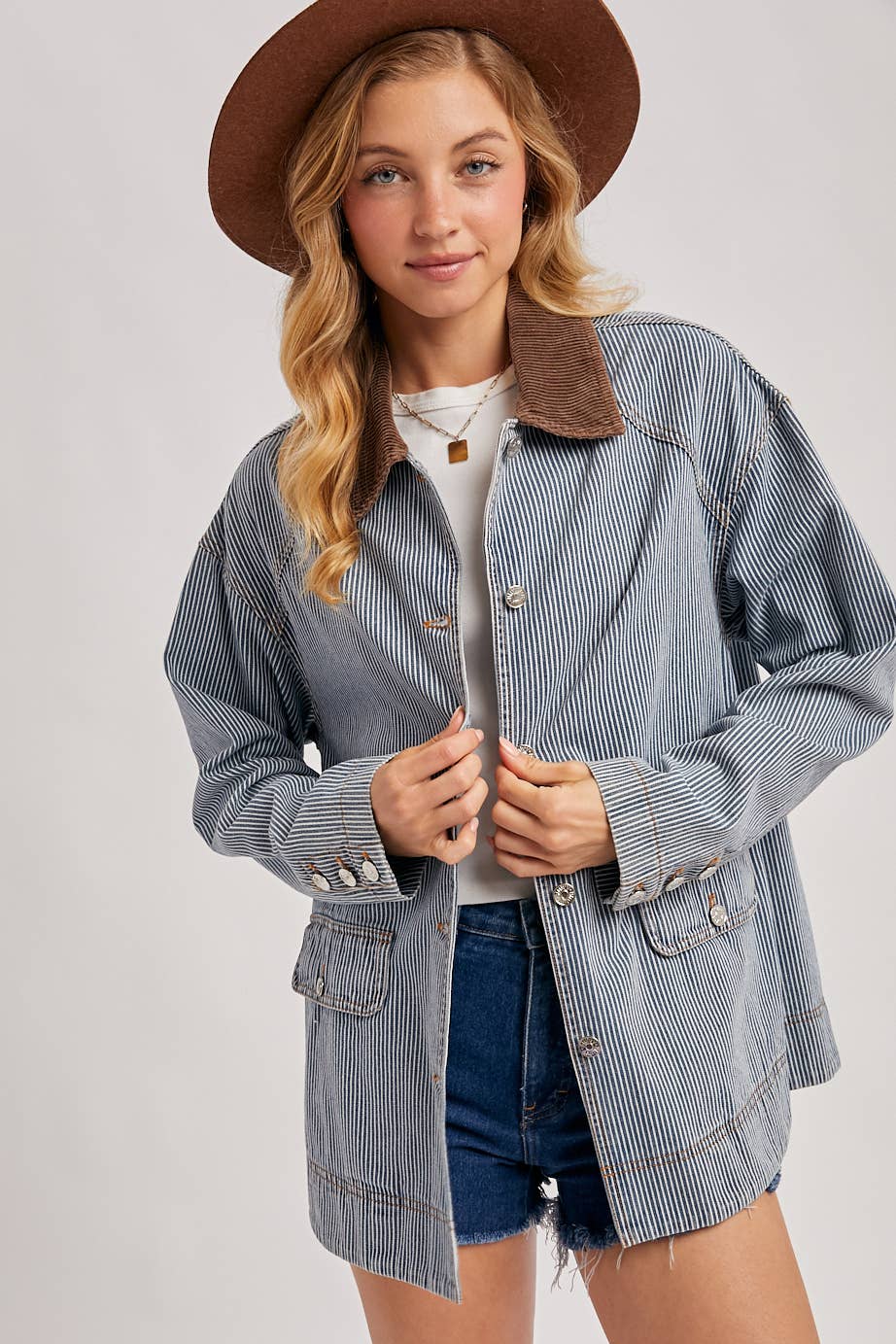 Bluivy - DENIM CORDUROY COLLAR CONTRAST BARN COAT