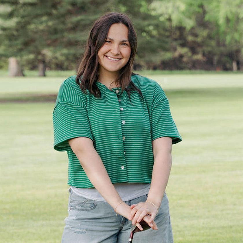 Boxy Green Stripe Button Down Top