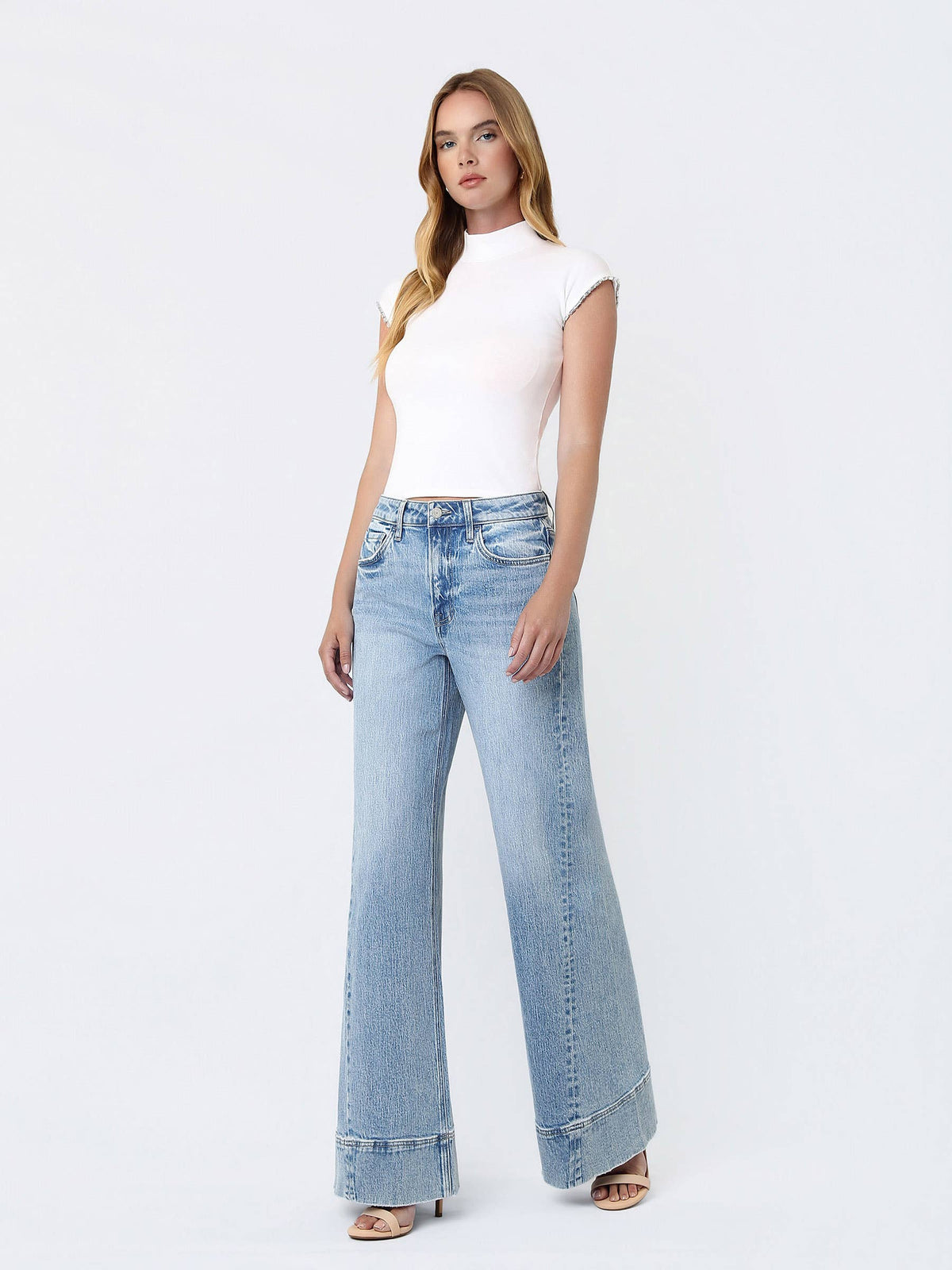 VERVET by FLYING MONKEY - HIGH RISE METAL BUCKLE TRIM EXTREME WIDE JEANS T7237