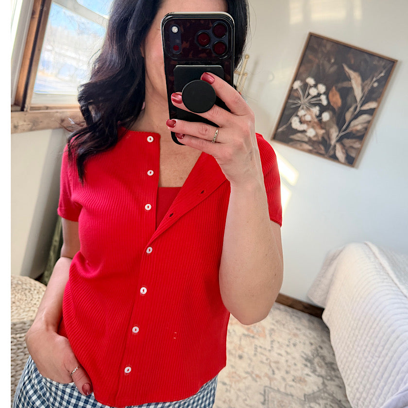 Cherry Ribbed Button Up Top