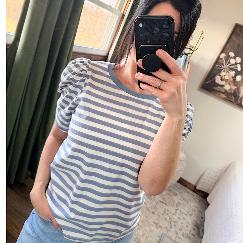 Slate Blue Stripe Gathered Shoulder Top