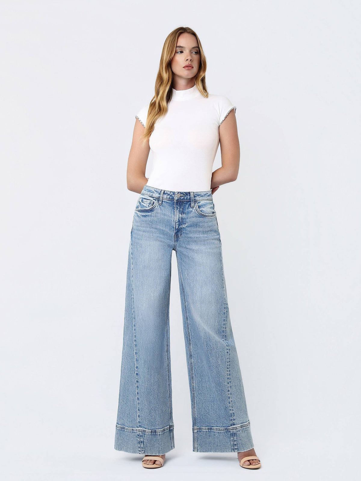 VERVET by FLYING MONKEY - HIGH RISE METAL BUCKLE TRIM EXTREME WIDE JEANS T7237