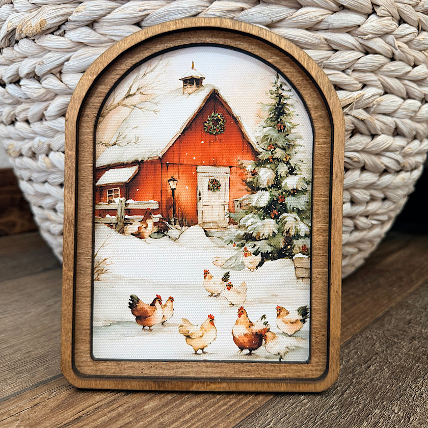 Arch Top Cozy Christmas Chickens Framed Art