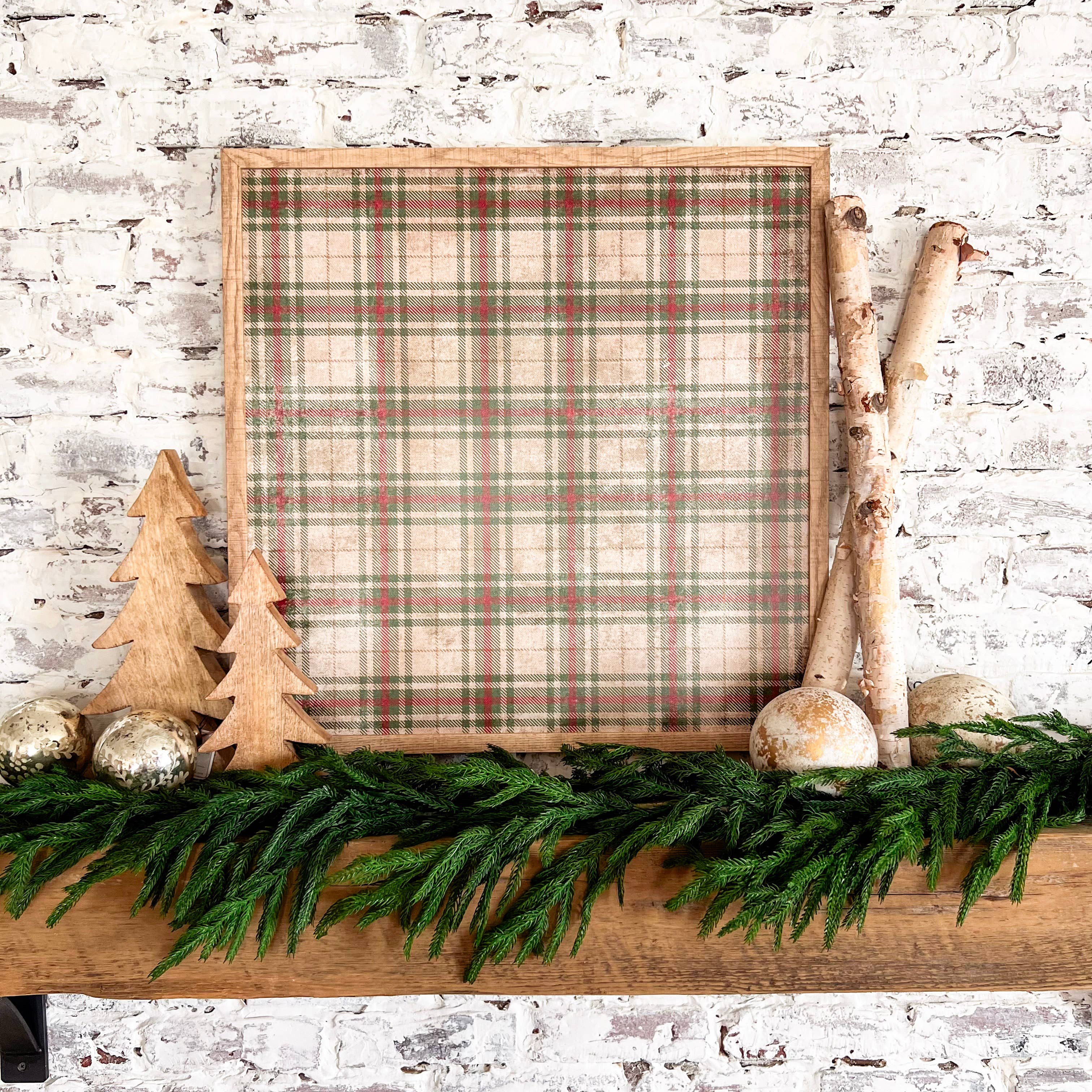 Vintage Tan Plaid Wood Sign