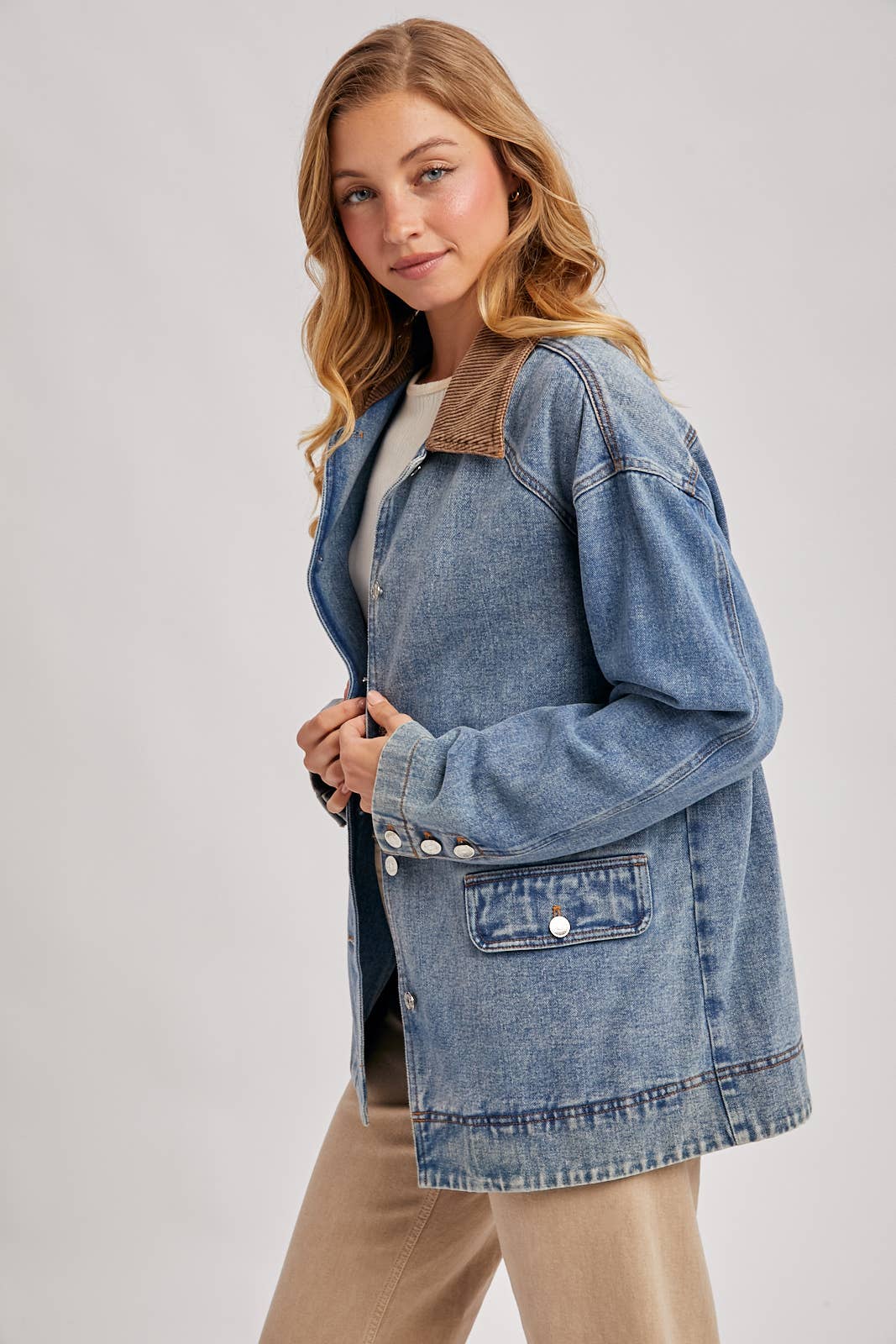 Bluivy - DENIM CORDUROY COLLAR CONTRAST BARN COAT