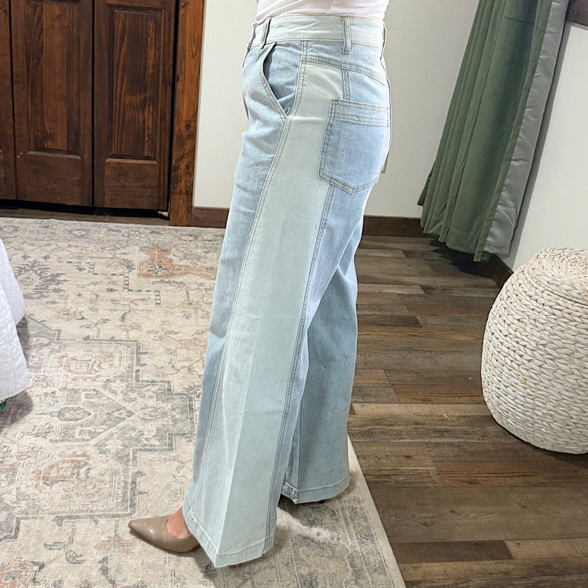 Denim Color Block Wide Straight Leg
