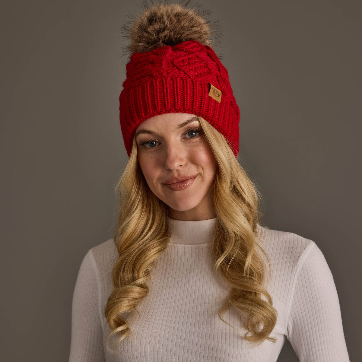 Red Cable Knit Pom Hat