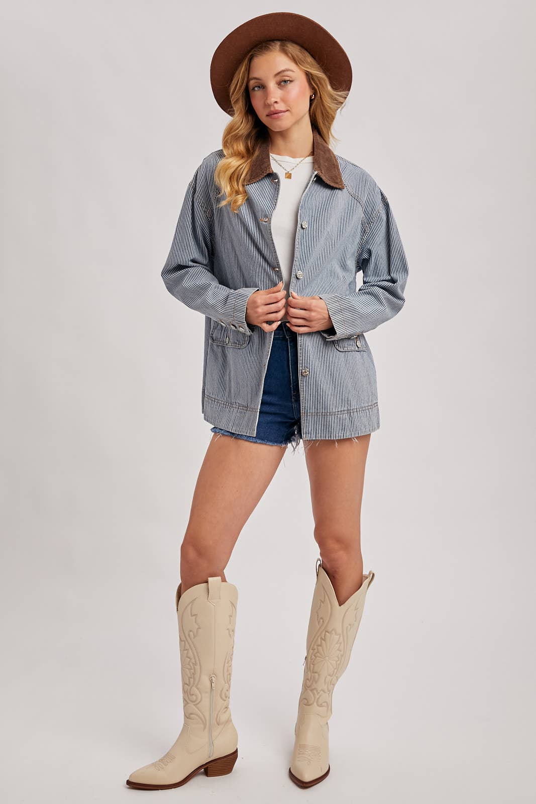 Bluivy - DENIM CORDUROY COLLAR CONTRAST BARN COAT