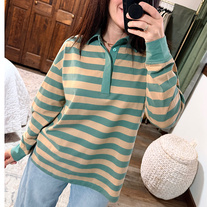Dusty Teal Stripe Rugby Polo Top