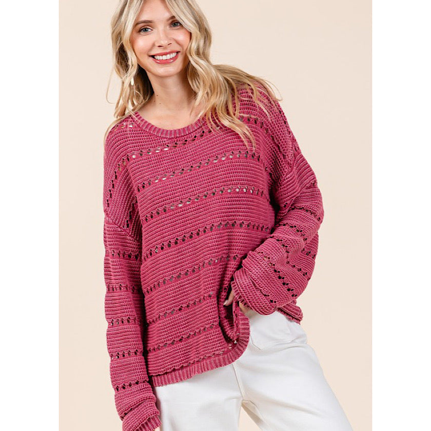 Raspberry Pointelle Sweater