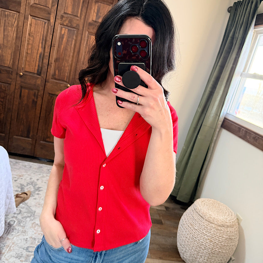 Cherry Ribbed Button Up Top