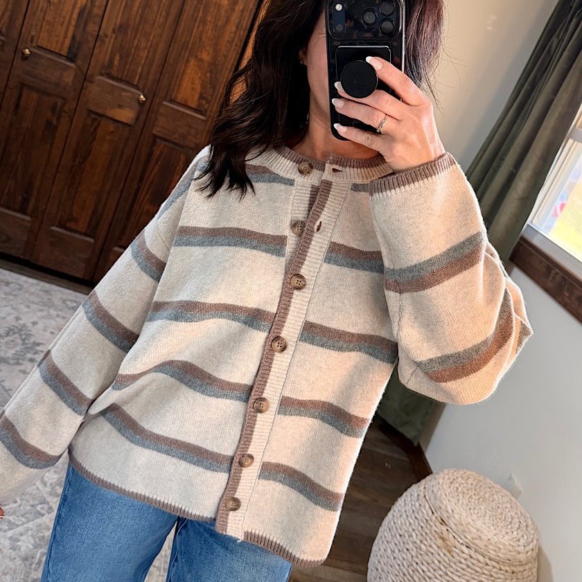 Oatmeal Stripe Button Down Cardigan
