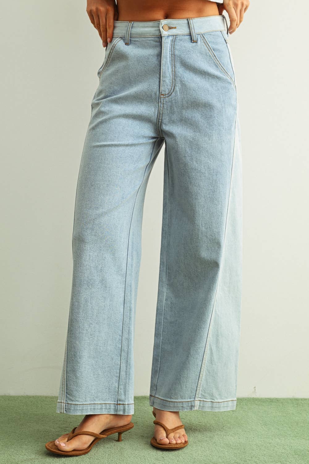 MIOU MUSE - P5885ST   DENIM COLOR BLOCKED WIDE STRAIGHT LEG PANTS
