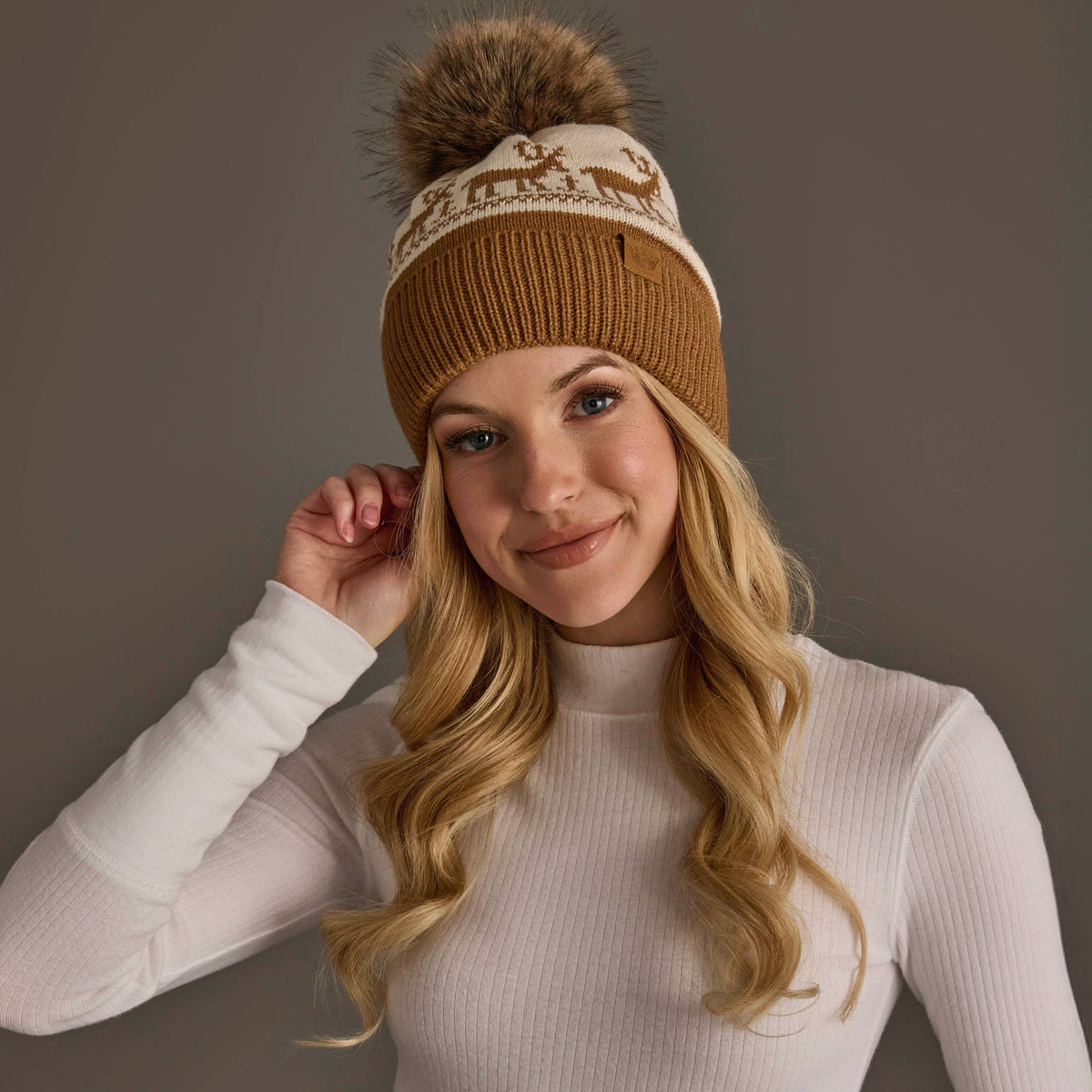 Camel & Beige Deer Patterned Pom Hat