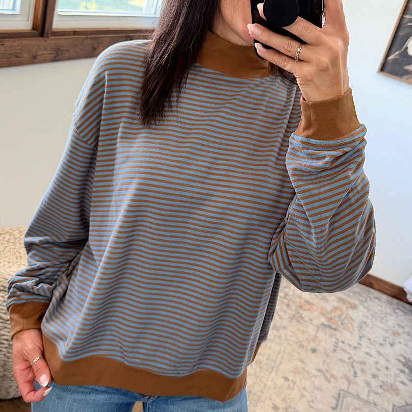 Camel/Blue Stripe Mock Neck