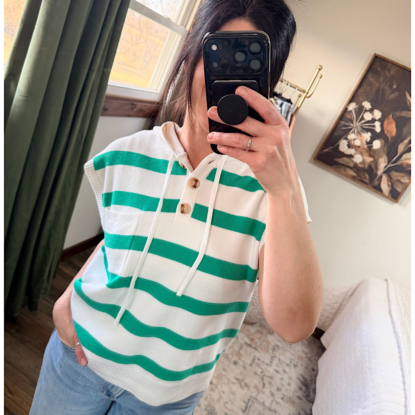 Green Stripe Half Button Hoodie