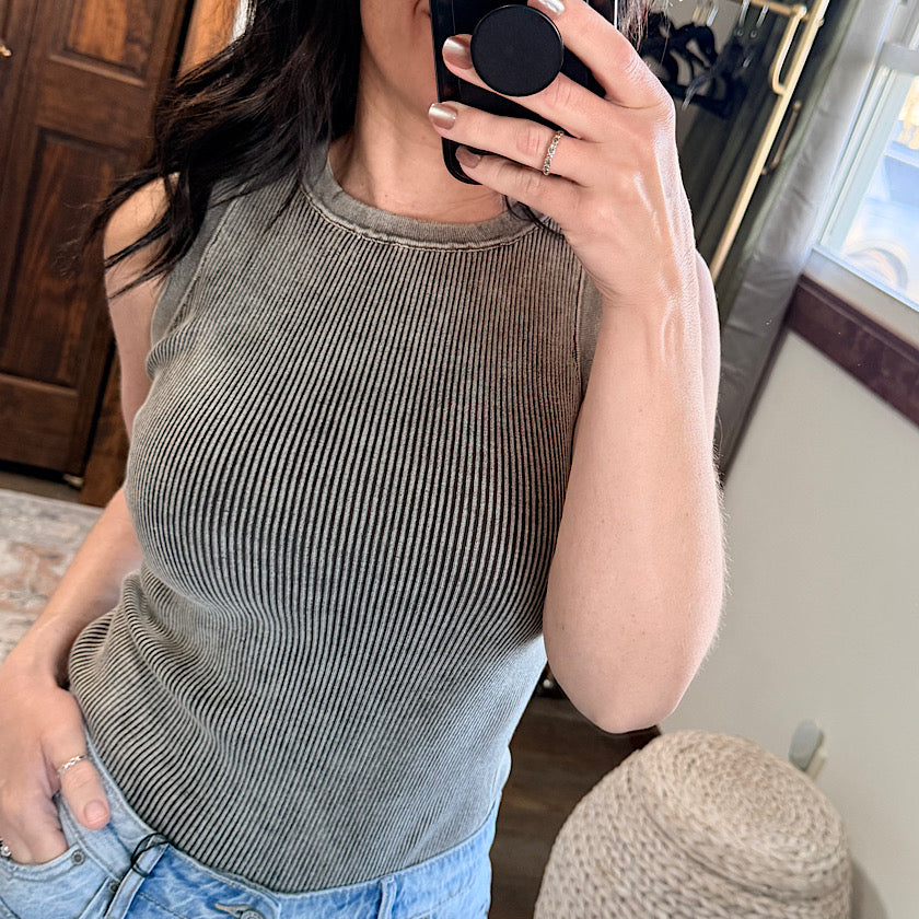 Brown Washed Ribbed Tank