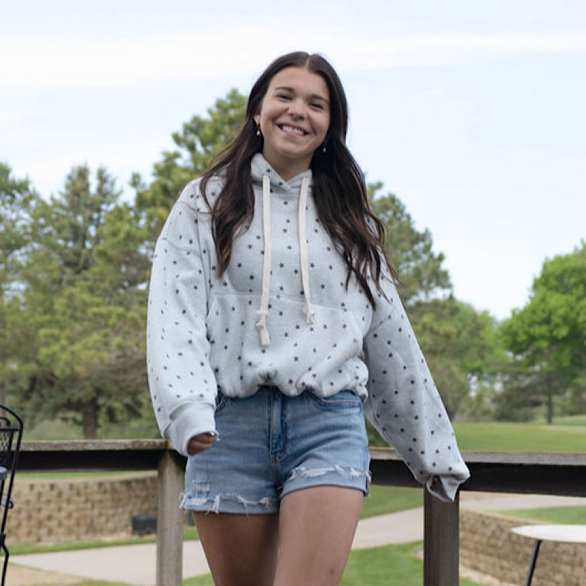 Star Printed Bubble Hem Knit Hoodie