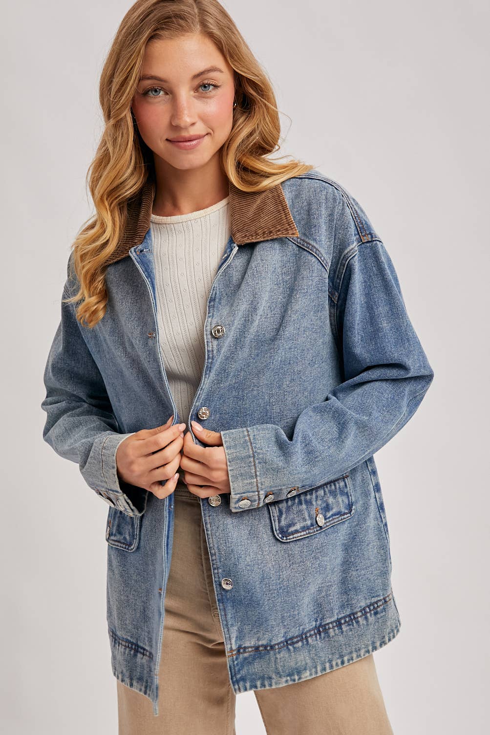 Bluivy - DENIM CORDUROY COLLAR CONTRAST BARN COAT