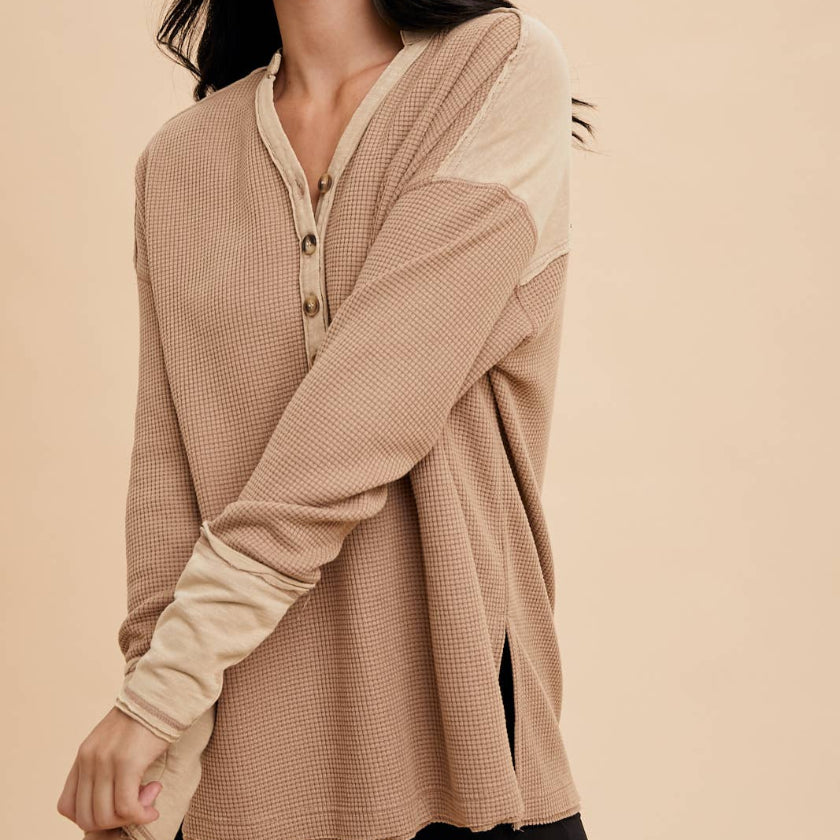 Taupe GARMENT WASHED THERMAL HENLEY