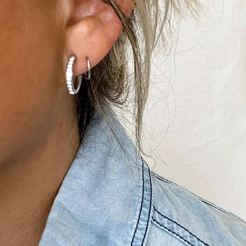 Silver Double Hoop Diamond Earrings