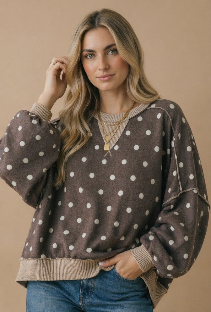 Haptics - Plus Crew Neck Polka Dot Reverse Stitch Pullover