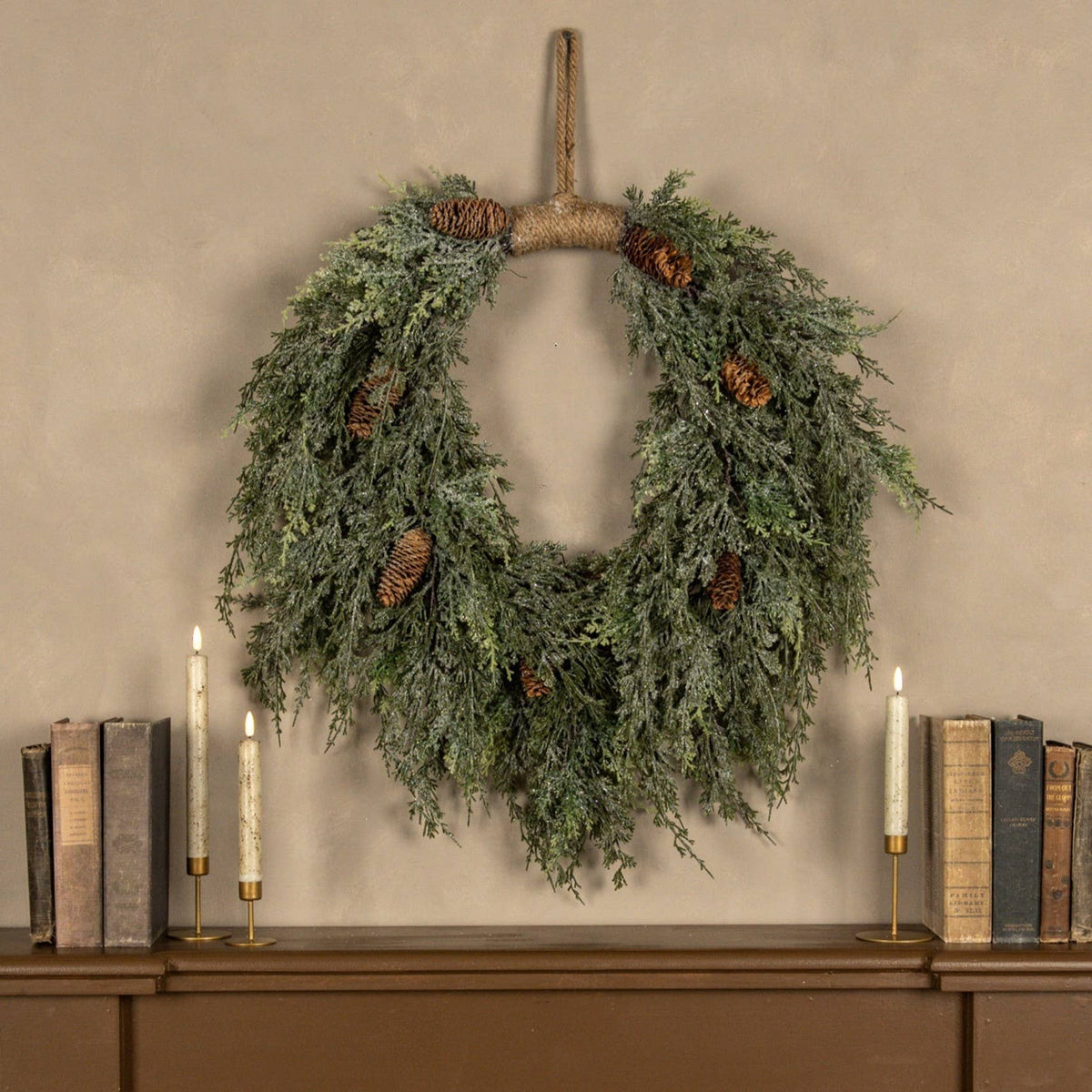Ragon House - 28" DARK GREEN ICED CEDAR & CONES HANGING WREATH