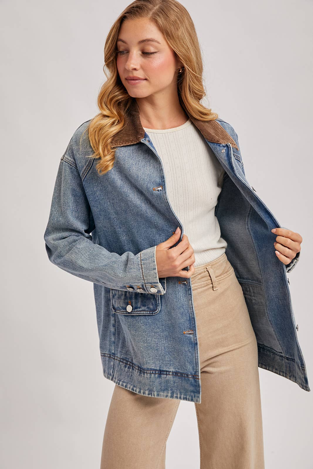 Bluivy - DENIM CORDUROY COLLAR CONTRAST BARN COAT