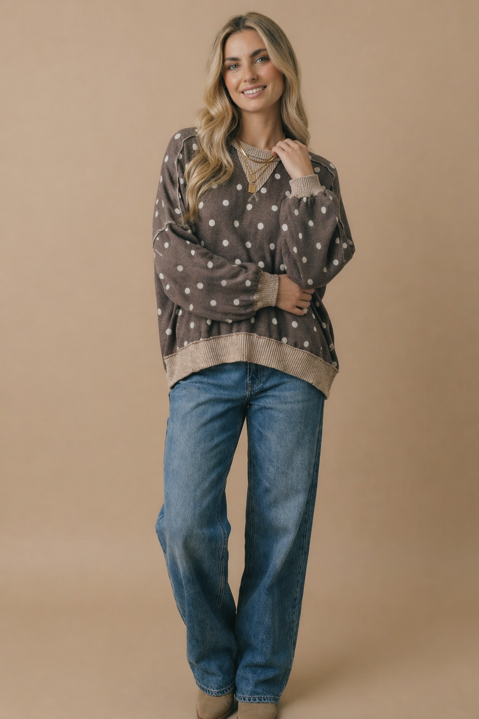 Haptics - Plus Crew Neck Polka Dot Reverse Stitch Pullover